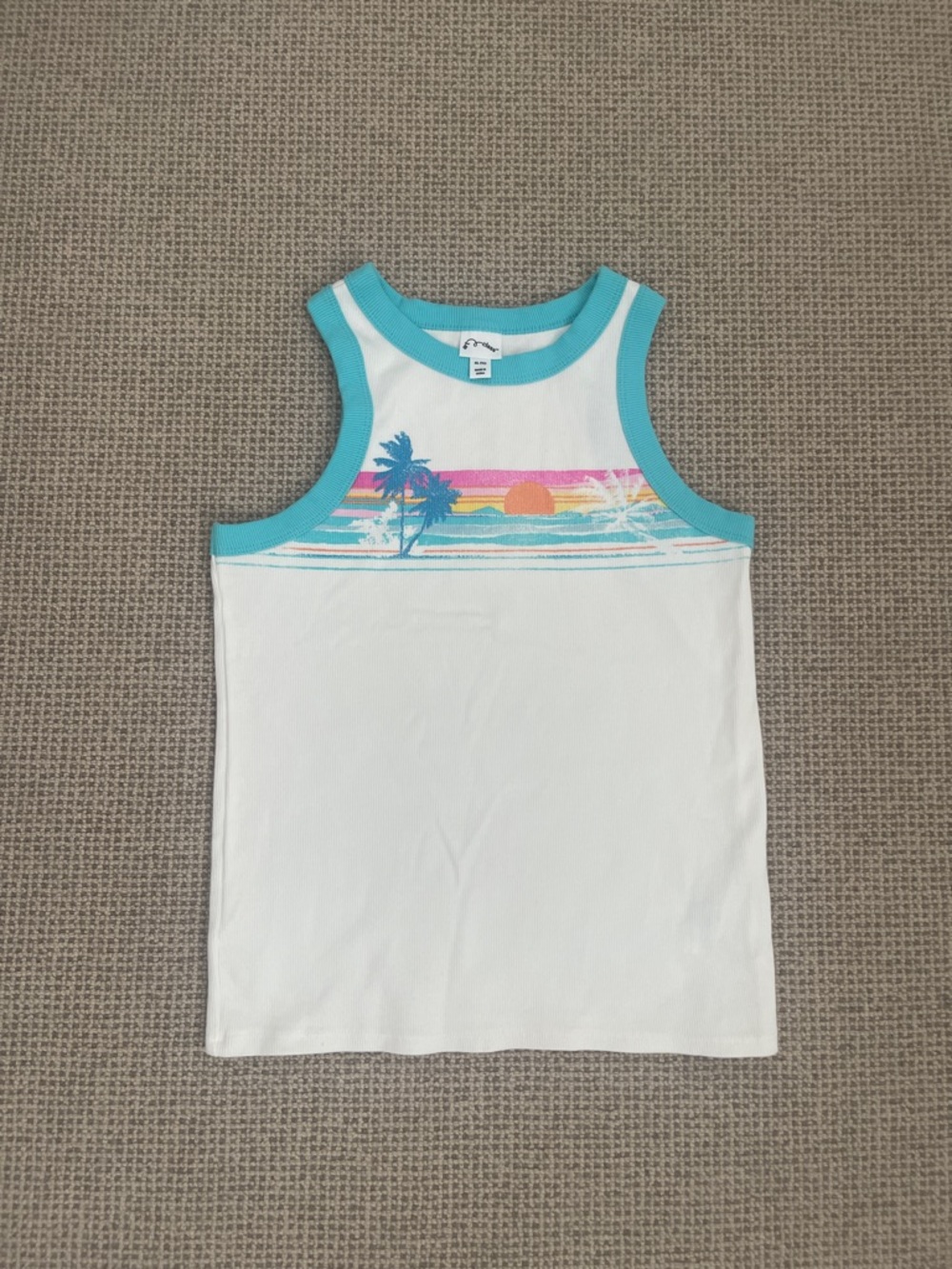Target White Tank with Turquoise Trim and Sunset Palm Graphic